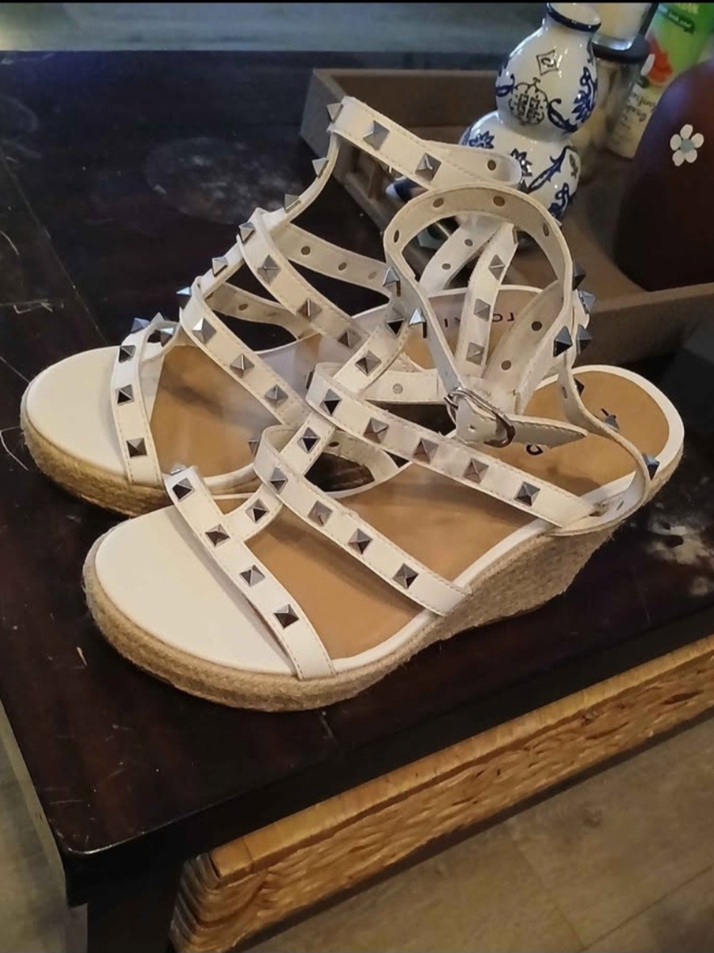 White Studded Espadrille Wedge Sandals - Women's Strappy Summer Shoes